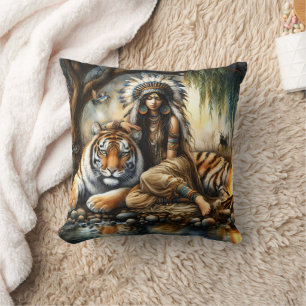 Native American Woman Beside a Tiger by a River Cushion