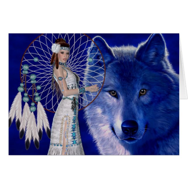 Native American Woman & Blue Wolf Design (Front Horizontal)