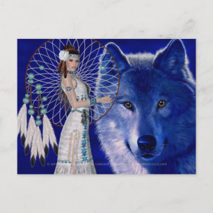 Native American Woman & Blue Wolf Design 2 Postcard