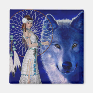 Native American Woman & Blue Wolf Design Magnet