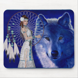 Native American Woman & Blue Wolf Design Mouse Pad