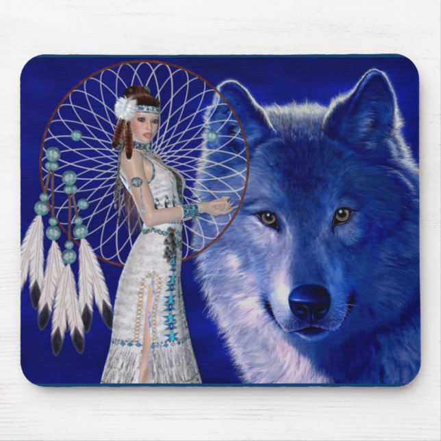 Native American Woman & Blue Wolf Design Mouse Pad (Front)