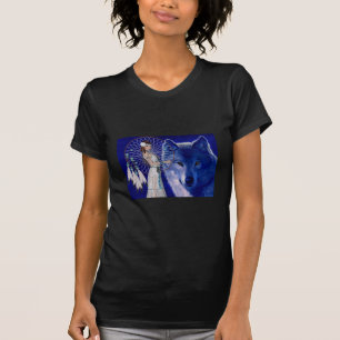Native American Woman & Blue Wolf Design T-Shirt