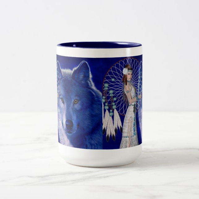 Native American Woman & Blue Wolf Design Two-Tone Coffee Mug (Center)