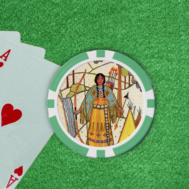 Native American Woman Bow Arrow Trees Waterfall Poker Chips (Native American lady traditional clothes bow arrow under with trees on embroidered look poker chips.)