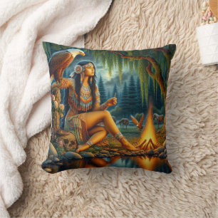 Native American Woman by Campfire, Eagle Cushion