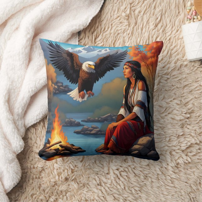 Native American Woman by Campfire, Eagle Cushion (Blanket)