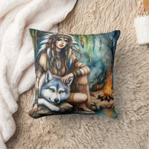 Native American Woman by Campfire With Wolf Cushion