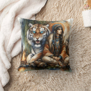 Native American Woman by River Tiger Cushion