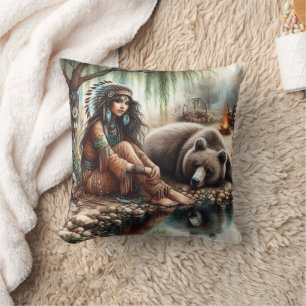 Native American Woman by River With Bear Cushion