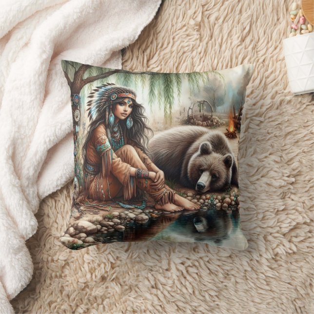 Native American Woman by River With Bear Cushion (Blanket)
