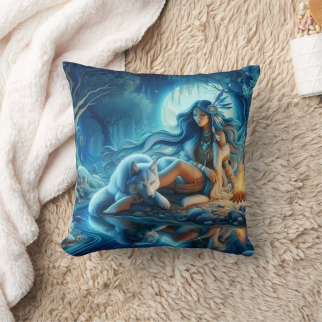 Native American Woman by River With Wolf Cushion (Blanket)