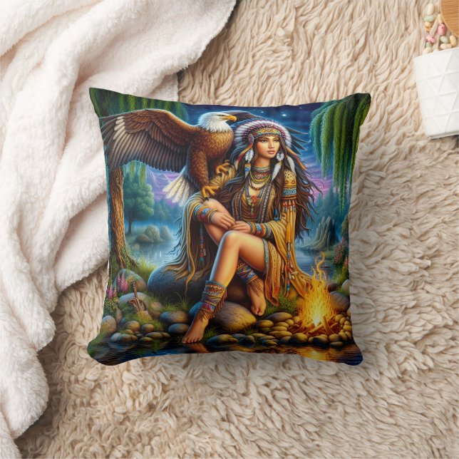 Native American Woman by Water at Night Cushion (Blanket)