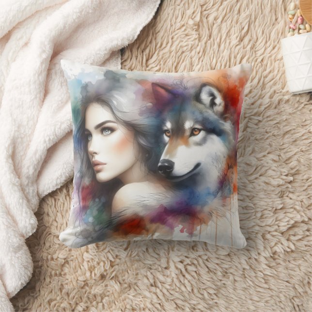 Native American Woman Captivated By A Wolf Spirit Cushion (Blanket)