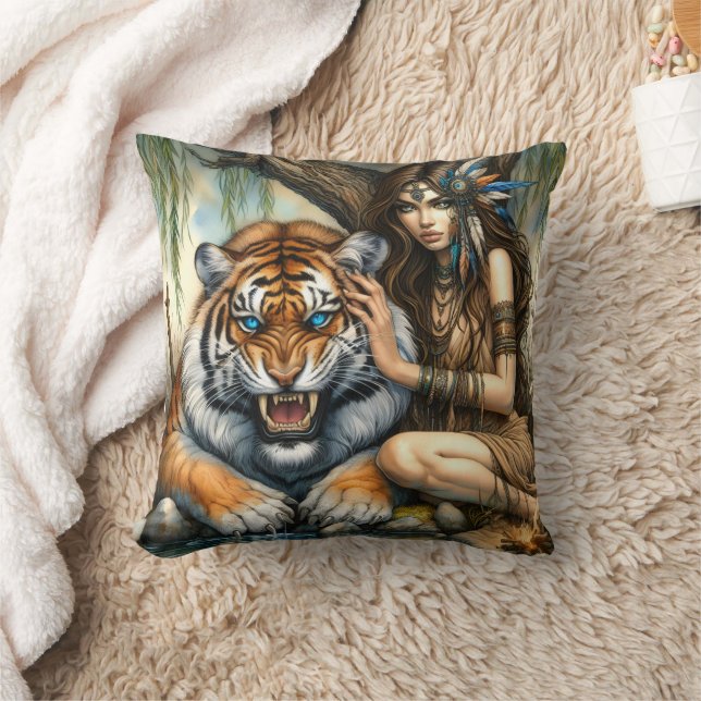 Native American Woman Cares for Tiger by Water Cushion (Blanket)