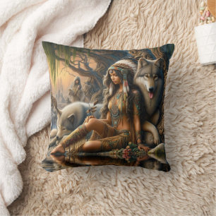 Native American Woman Cares for Wolf by Waterfall Cushion