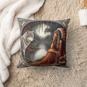 Native American Woman Contemplating With Wolf Cushion