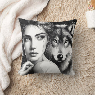 Native American Woman Embracing Wolf at Dusk Cushion