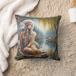 Native American Woman Embracing Wolf by Riverbank Cushion