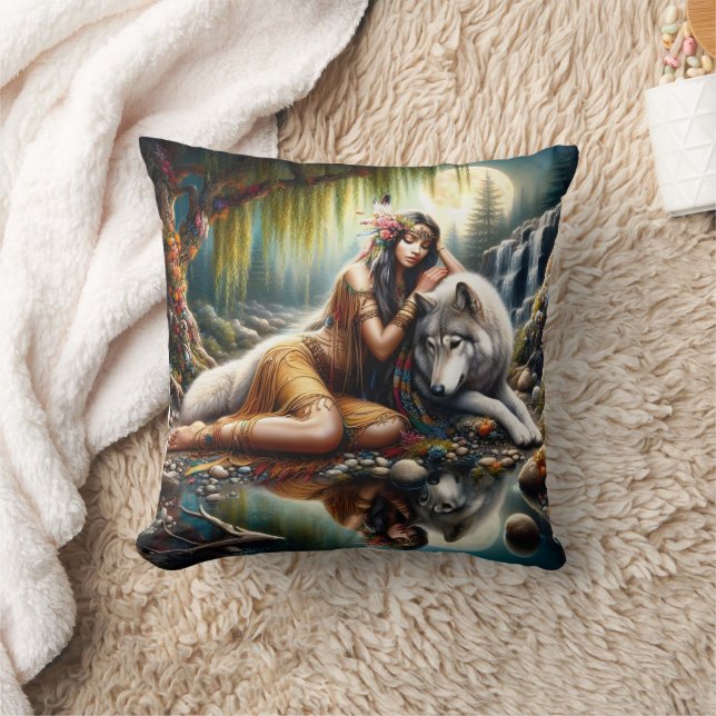Native American Woman Embracing Wolf by Waterfall Cushion (Blanket)