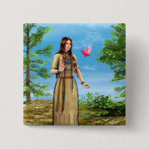 Native American Woman Forest Bird Art 15 Cm Square Badge