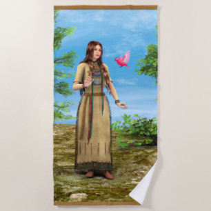 Native American Woman Forest Bird Art Beach Towel