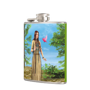 Native American Woman Forest Bird Art Hip Flask