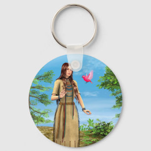 Native American Woman Forest Bird Art Key Ring