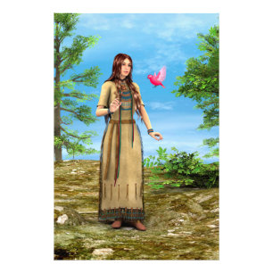 Native American Woman Forest Bird Art Photo Print