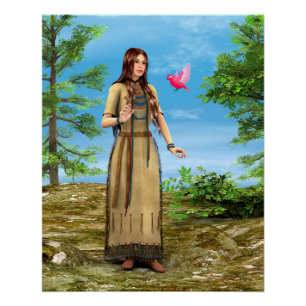 Native American Woman Forest Bird Art Poster