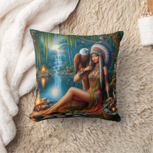 Native American Woman Holding Eagle By Lake Cushion