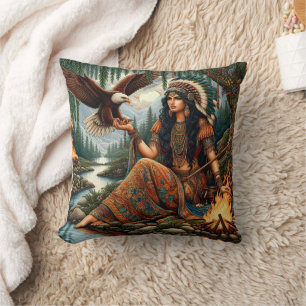 Native American Woman Holding Eagle by River Cushion