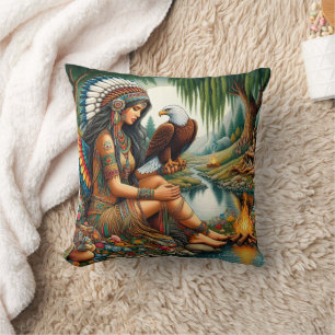 Native American Woman Holding Eagle by Riverbank Cushion