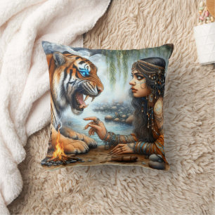 Native American Woman Interacting With Tiger Cushion
