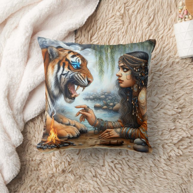 Native American Woman Interacting With Tiger Cushion (Blanket)