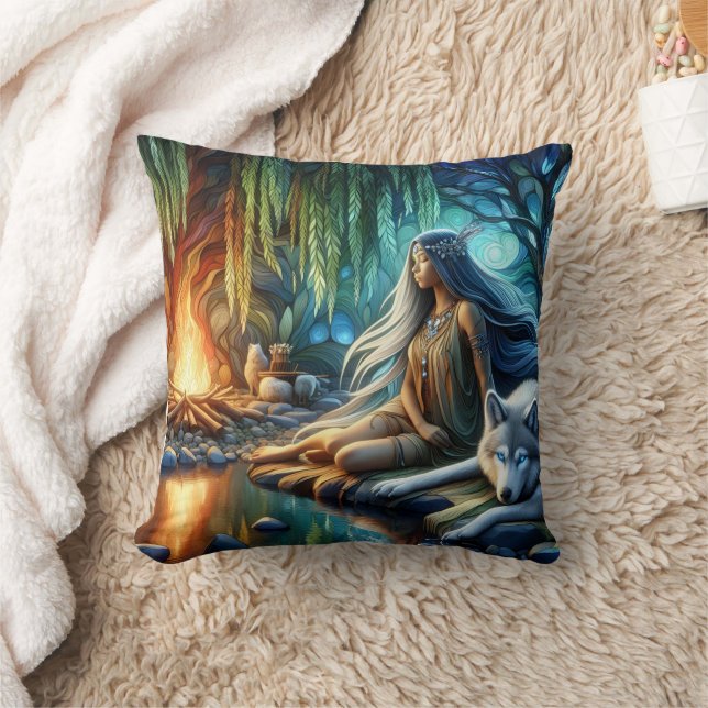 Native American Woman Meditates By Fire With Wolf Cushion (Blanket)