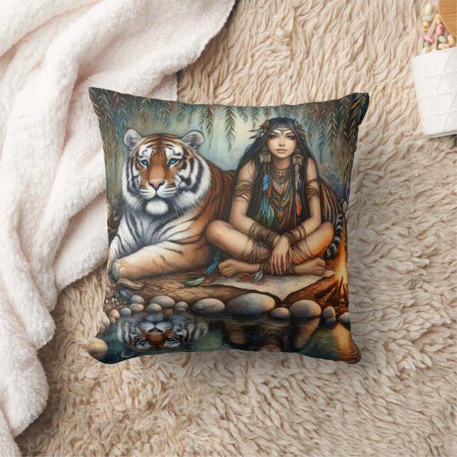 Native American Woman Meditates With A Tiger Cushion (Blanket)