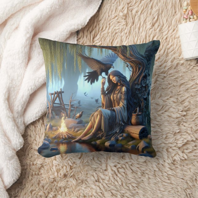 Native American Woman Meditating by Fire Cushion (Blanket)