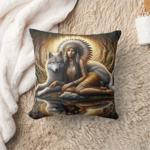 Native American Woman Merging With Wolf Reflection Cushion