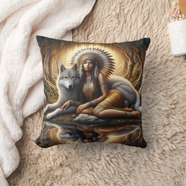 Native American Woman Merging With Wolf Reflection Cushion (Blanket)