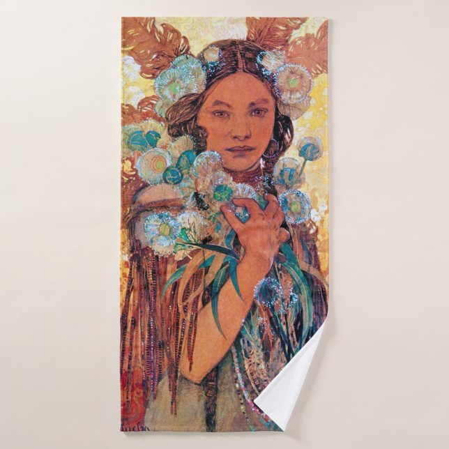 Native American Woman, Mucha Bath Towel (Bath Towel)