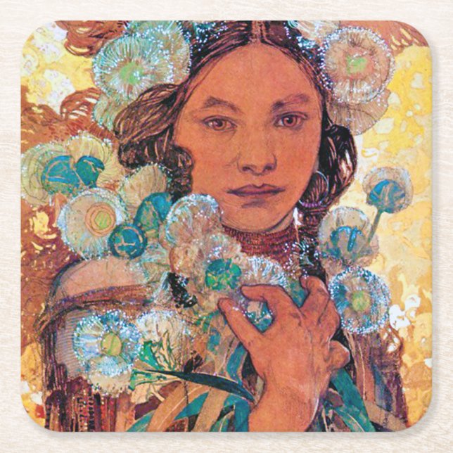 Native American Woman, Mucha Square Paper Coaster (Front)