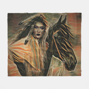 Native American Woman on Horseback Fleece Blanket