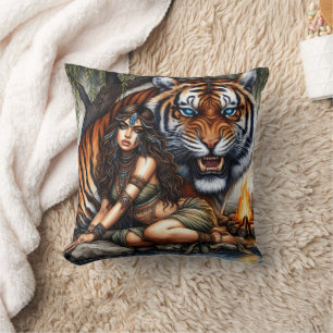 Native American Woman Posing With A Tiger Cushion