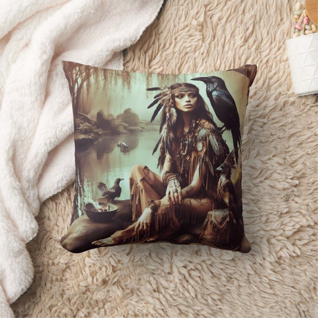 Native American Woman Posing With Raven by River Cushion (Blanket)