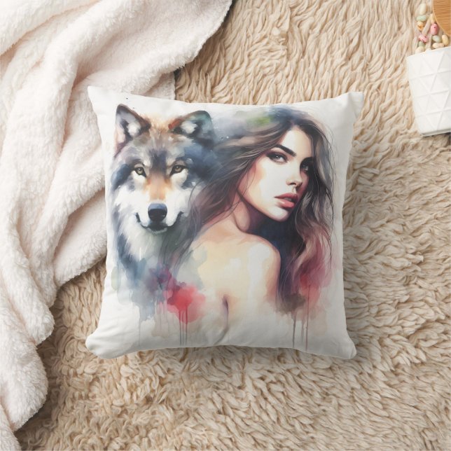 Native American Woman Posing With Wolf Cushion (Blanket)