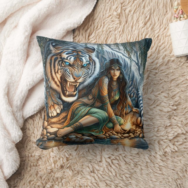Native American Woman Relaxing by a Tiger Cushion (Blanket)