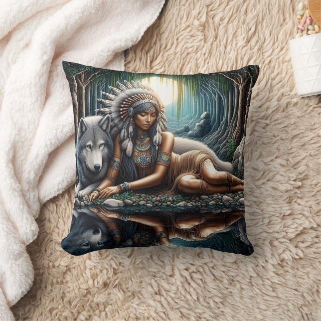 Native American Woman Relaxing By A Wolf Cushion (Blanket)
