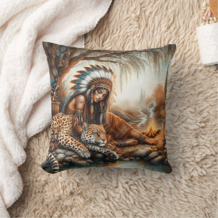 Native American Woman Relaxing by River  Cushion