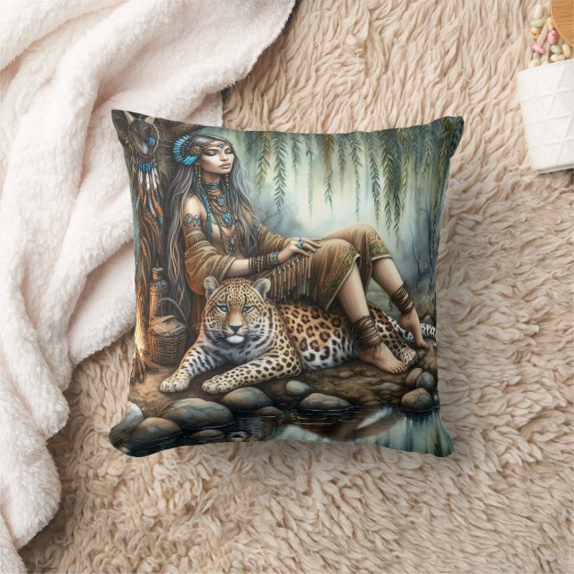 Native American Woman Relaxing by Water With Tiger Cushion (Blanket)